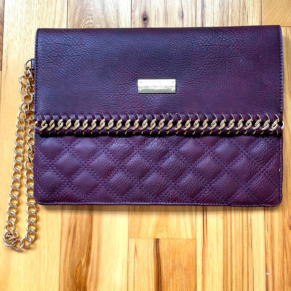 Large clutch, plum color, chain handle, BCBG brand